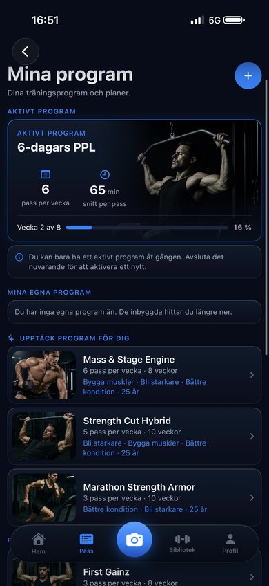 The programs screen showing an active six-day program and suggested programs